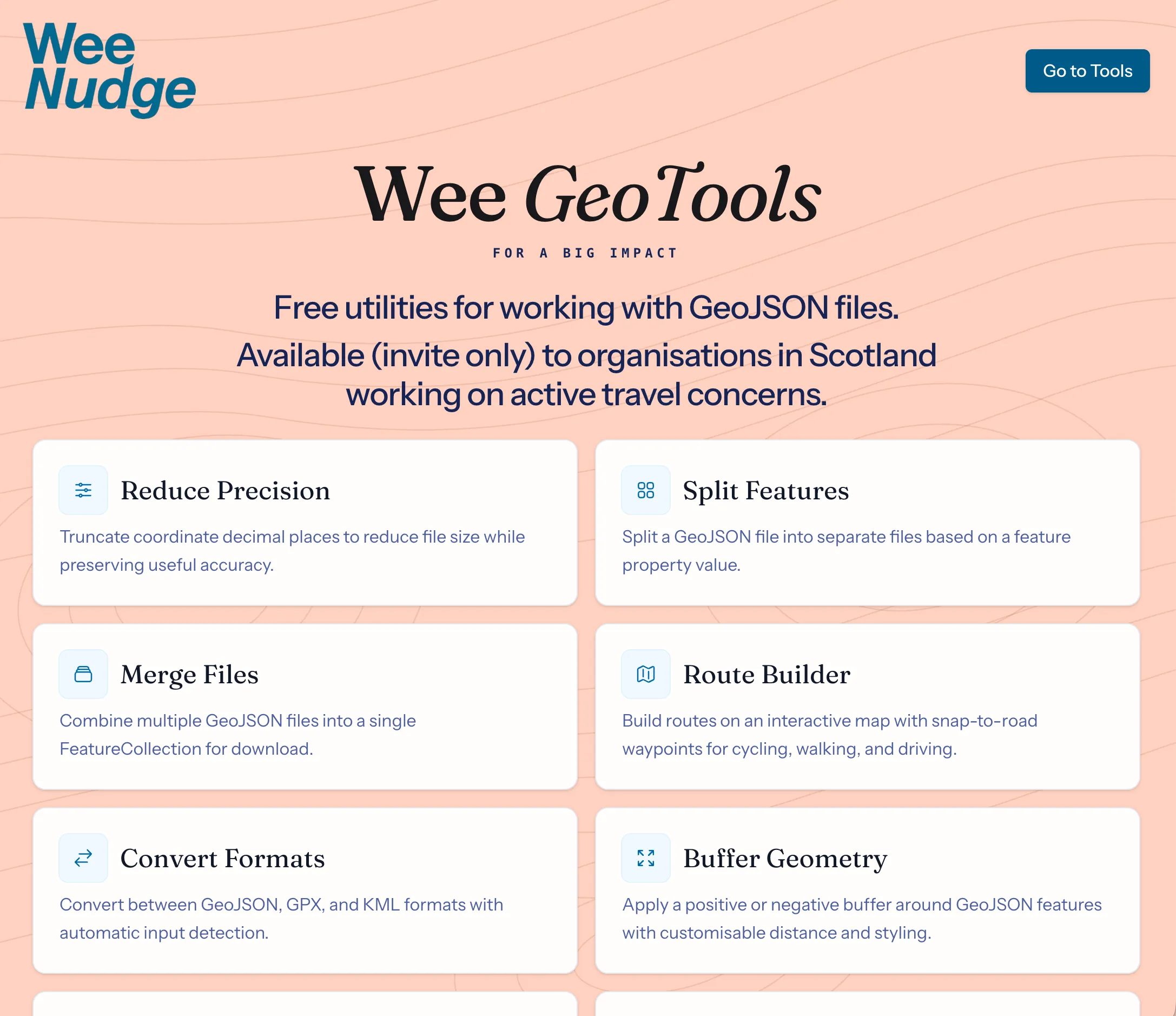 The Wee GeoTools landing page, offering free utilities for working with GeoJSON files