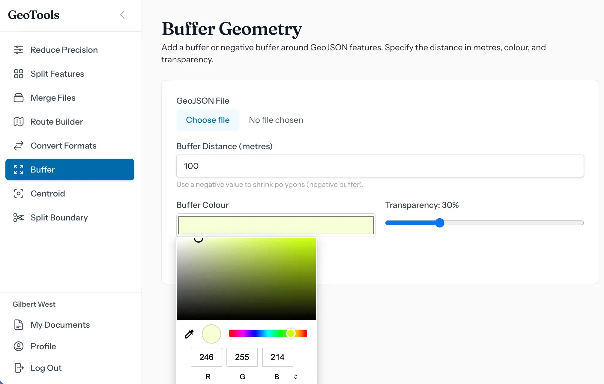 The Buffer Geometry tool in Wee GeoTools, with settings for buffer distance, colour and transparency